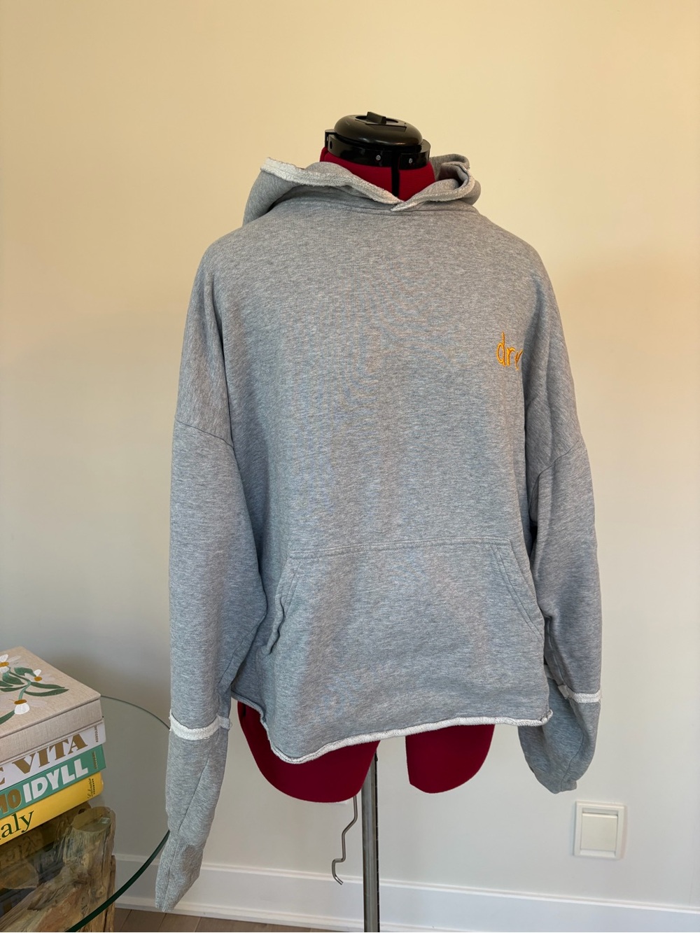drew house Gray Hooded Pullover with Small Yellow Logo